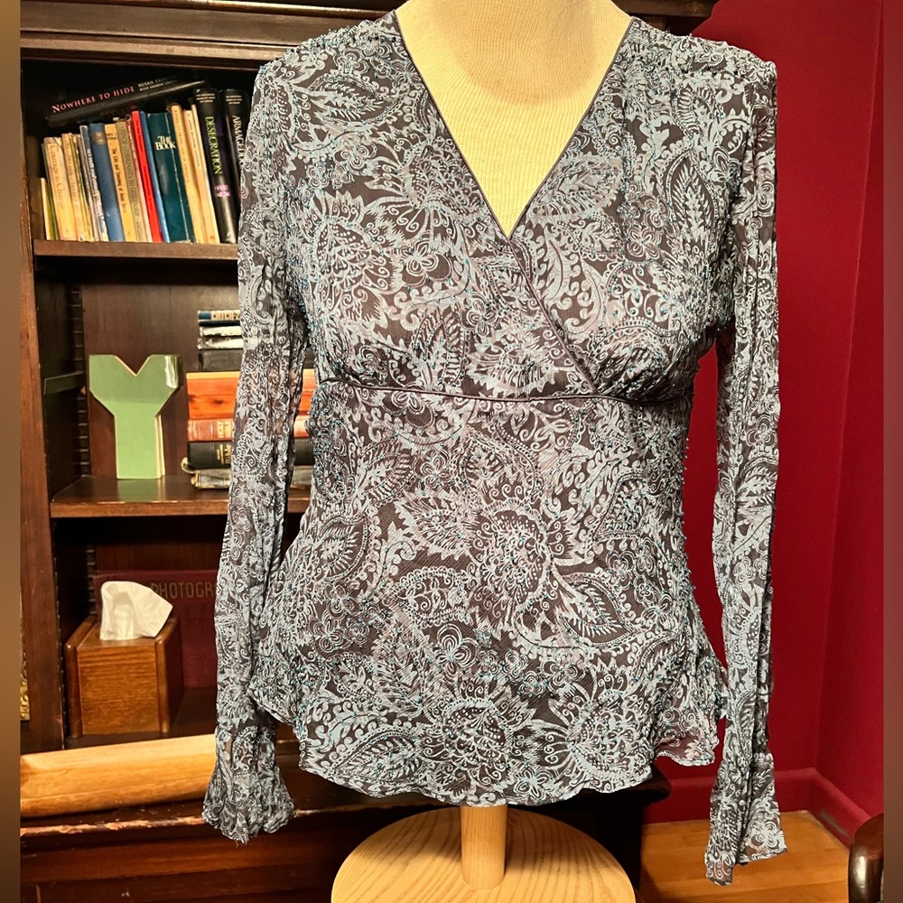 Y2K ECI New York Beaded Black Paisley Sheer 100% Silk Long Sleeve Blouse Size 8